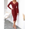 image:imageZESICA Womens V Neck 2026 Fall Sweater Dress  Bodycon Slimming Long Sleeve Ribbed Knit Tie Waist Classy Holiday Work Office Winter Midi DressesRed