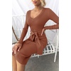 image:imageZESICA Womens V Neck 2026 Fall Sweater Dress  Bodycon Slimming Long Sleeve Ribbed Knit Tie Waist Classy Holiday Work Office Winter Midi DressesRedbrown