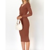 image:imageZESICA Womens V Neck 2026 Fall Sweater Dress  Bodycon Slimming Long Sleeve Ribbed Knit Tie Waist Classy Holiday Work Office Winter Midi DressesRedbrown
