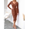 image:imageZESICA Womens V Neck 2026 Fall Sweater Dress  Bodycon Slimming Long Sleeve Ribbed Knit Tie Waist Classy Holiday Work Office Winter Midi DressesRedbrown