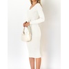 image:imageZESICA Womens V Neck 2026 Fall Sweater Dress  Bodycon Slimming Long Sleeve Ribbed Knit Tie Waist Classy Holiday Work Office Winter Midi DressesWhite