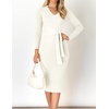 image:imageZESICA Womens V Neck 2026 Fall Sweater Dress  Bodycon Slimming Long Sleeve Ribbed Knit Tie Waist Classy Holiday Work Office Winter Midi DressesWhite