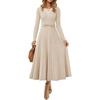image:imageZESICA Womens Fall Long Sleeve Pleated Midi Sweater Dresses  2026 Fall Winter Clothes Crewneck Soft Knit Fabric Removable Belted Waist High Waist Flowy A Line Wedding Guest DressesApricot