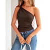image:imageZESICA Womens 2026 Summer One Shoulder Sleeveless Floral Going Out Tops  Slim Fitted Off Shoulder Shirts Asymmetrical Neck Top Cute Trendy Fashion Tee Shirt Elegant Y2k OutfitsSolidbrown