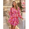 image:imageZESICA Womens Fall Floral Long Sleeve Wedding Guest Mini Dress  With Pockets V Neck ALine Ruched Waist Double Lined Flowy Short Dress Going Out OutfitsRed
