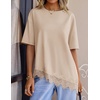 image:imageZESICA Womens Summer Oversized TShirts Asymmetrical Lace Going Out Tops  Asymmetrical Lace Trim Short Sleeve Baggy Loose Fit Tunic Dressy Casual Blouse Work Going Out Gym OutfitsSand