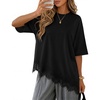 image:imageZESICA Womens Summer Oversized TShirts Asymmetrical Lace Going Out Tops  Asymmetrical Lace Trim Short Sleeve Baggy Loose Fit Tunic Dressy Casual Blouse Work Going Out Gym OutfitsBlack