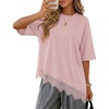 image:imageZESICA Womens Summer Oversized TShirts Asymmetrical Lace Going Out Tops  Asymmetrical Lace Trim Short Sleeve Baggy Loose Fit Tunic Dressy Casual Blouse Work Going Out Gym OutfitsDusty Pink