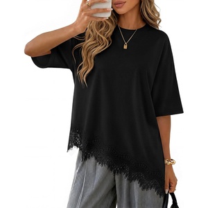 image:imageZESICA Womens Summer Oversized TShirts Asymmetrical Lace Going Out Tops  Asymmetrical Lace Trim Short Sleeve Baggy Loose Fit Tunic Dressy Casual Blouse Work Going Out Gym OutfitsBlack