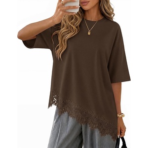 image:imageZESICA Womens Summer Oversized TShirts Asymmetrical Lace Going Out Tops  Asymmetrical Lace Trim Short Sleeve Baggy Loose Fit Tunic Dressy Casual Blouse Work Going Out Gym OutfitsBrown