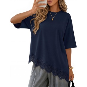 image:imageZESICA Womens Summer Oversized TShirts Asymmetrical Lace Going Out Tops  Asymmetrical Lace Trim Short Sleeve Baggy Loose Fit Tunic Dressy Casual Blouse Work Going Out Gym OutfitsNavy