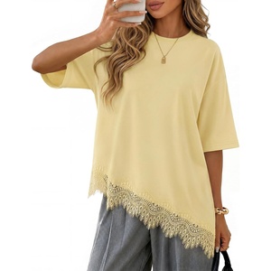 image:imageZESICA Womens Summer Oversized TShirts Asymmetrical Lace Going Out Tops  Asymmetrical Lace Trim Short Sleeve Baggy Loose Fit Tunic Dressy Casual Blouse Work Going Out Gym OutfitsButter Yellow