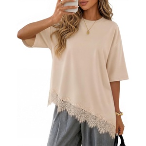 image:imageZESICA Womens Summer Oversized TShirts Asymmetrical Lace Going Out Tops  Asymmetrical Lace Trim Short Sleeve Baggy Loose Fit Tunic Dressy Casual Blouse Work Going Out Gym OutfitsSand