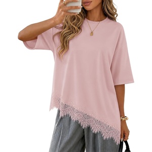 image:imageZESICA Womens Summer Oversized TShirts Asymmetrical Lace Going Out Tops  Asymmetrical Lace Trim Short Sleeve Baggy Loose Fit Tunic Dressy Casual Blouse Work Going Out Gym OutfitsDusty Pink