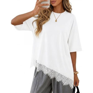 image:imageZESICA Womens Summer Oversized TShirts Asymmetrical Lace Going Out Tops  Asymmetrical Lace Trim Short Sleeve Baggy Loose Fit Tunic Dressy Casual Blouse Work Going Out Gym OutfitsWhite