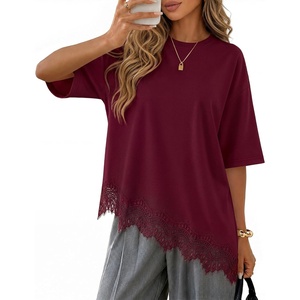 image:imageZESICA Womens Summer Oversized TShirts Asymmetrical Lace Going Out Tops  Asymmetrical Lace Trim Short Sleeve Baggy Loose Fit Tunic Dressy Casual Blouse Work Going Out Gym OutfitsBurgundy