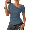 image:imageZESICA Womens Summer Asymmetrical Short Sleeve Fitted TopsDustyblue
