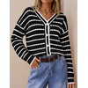image:imageZESICA Womens Striped Button Up Cardigan Sweaters V Neck Trendy Knit TopsDark Black