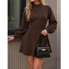 image:imageZESICA Womens Fall Mock Neck Long Lantern Sleeve Sweater Mini DressBrown