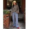image:imageZESICA Womens Striped Oversized Fall Long Sleeve TShirts Y2K Going Out TopBrown