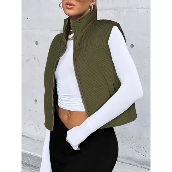 LASLULU Winter Cropped Puffer Vest Corduroy Lightweight Sleeveless Warm Outerwear Puffer Zip Up Jackets Sweater Coat PocketsArmy Green