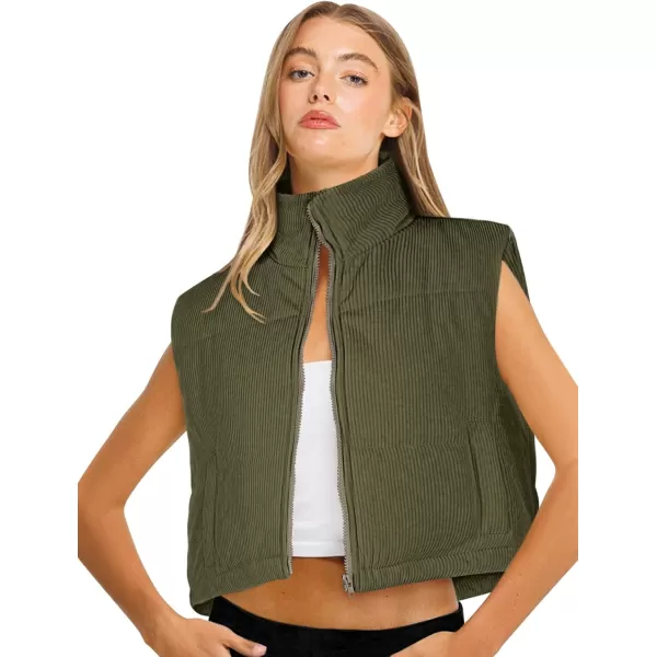 LASLULU Winter Cropped Puffer Vest Corduroy Lightweight Sleeveless Warm Outerwear Puffer Zip Up Jackets Sweater Coat PocketsArmy Green