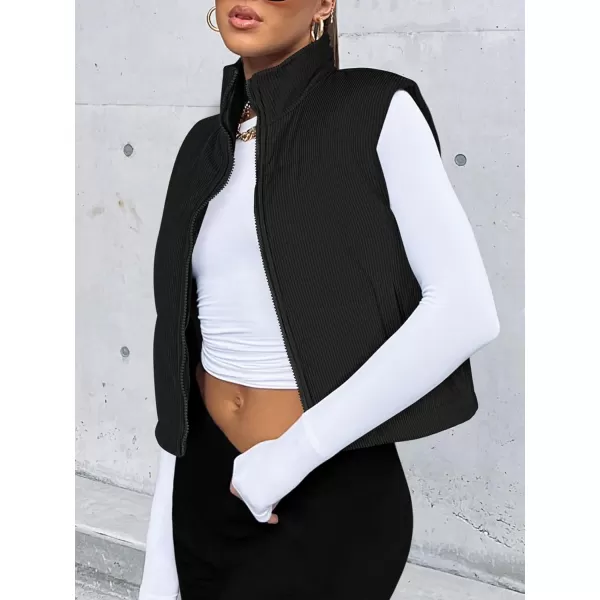 LASLULU Winter Cropped Puffer Vest Corduroy Lightweight Sleeveless Warm Outerwear Puffer Zip Up Jackets Sweater Coat PocketsBlack