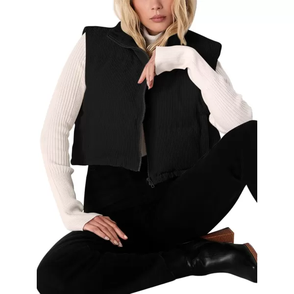 LASLULU Winter Cropped Puffer Vest Corduroy Lightweight Sleeveless Warm Outerwear Puffer Zip Up Jackets Sweater Coat PocketsBlack