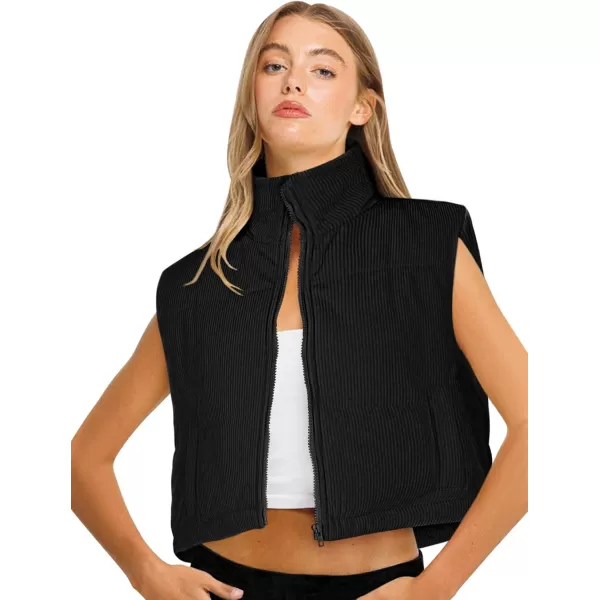 LASLULU Winter Cropped Puffer Vest Corduroy Lightweight Sleeveless Warm Outerwear Puffer Zip Up Jackets Sweater Coat PocketsBlack