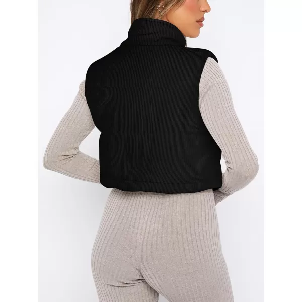 LASLULU Winter Cropped Puffer Vest Corduroy Lightweight Sleeveless Warm Outerwear Puffer Zip Up Jackets Sweater Coat PocketsBlack