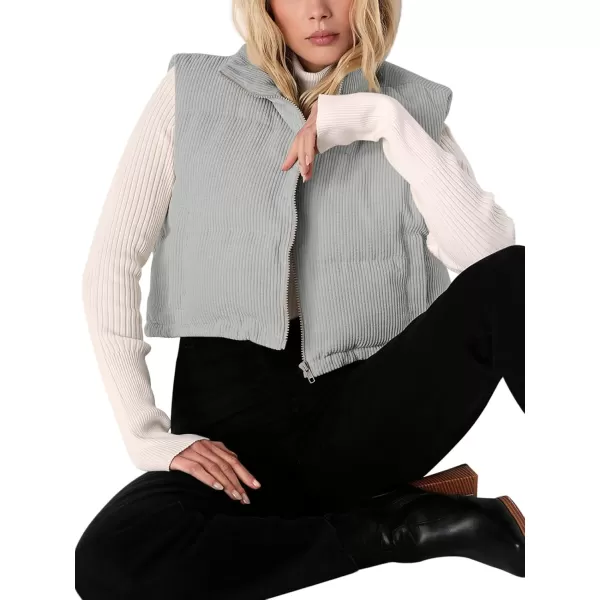 LASLULU Winter Cropped Puffer Vest Corduroy Lightweight Sleeveless Warm Outerwear Puffer Zip Up Jackets Sweater Coat PocketsLight Grey