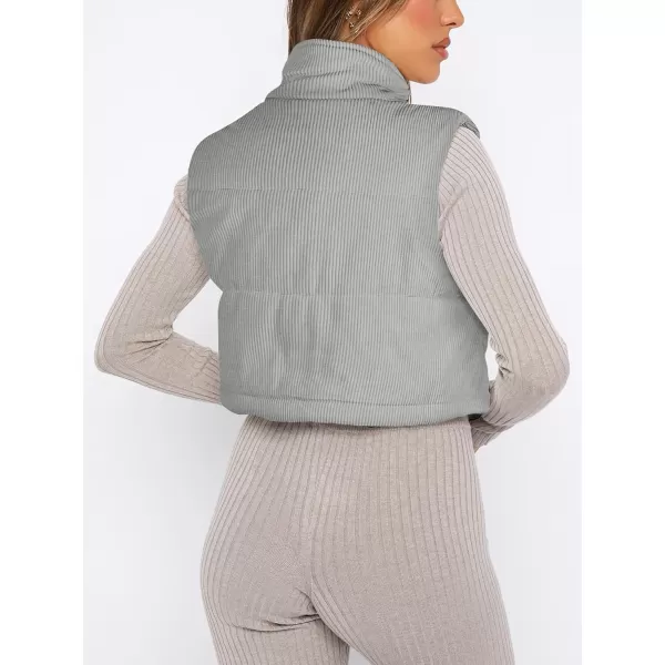 LASLULU Winter Cropped Puffer Vest Corduroy Lightweight Sleeveless Warm Outerwear Puffer Zip Up Jackets Sweater Coat PocketsLight Grey