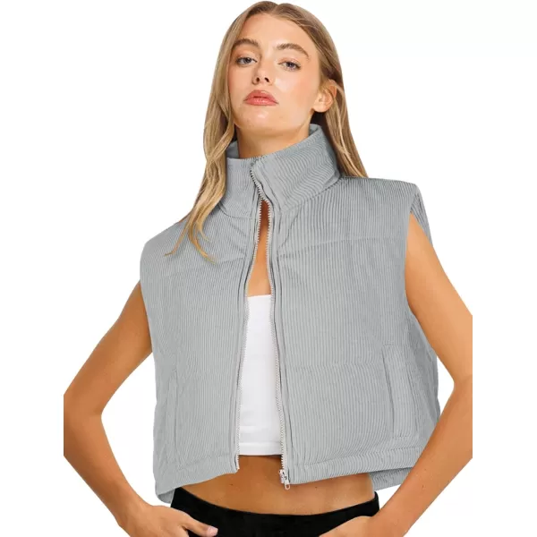 LASLULU Winter Cropped Puffer Vest Corduroy Lightweight Sleeveless Warm Outerwear Puffer Zip Up Jackets Sweater Coat PocketsLight Grey