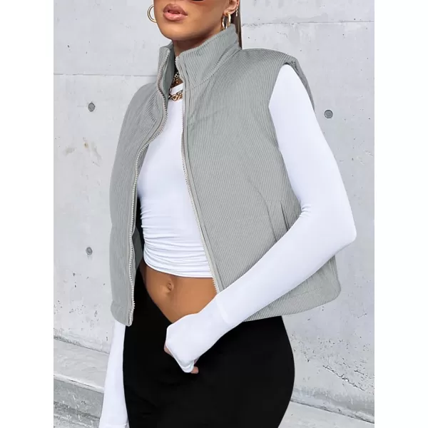LASLULU Winter Cropped Puffer Vest Corduroy Lightweight Sleeveless Warm Outerwear Puffer Zip Up Jackets Sweater Coat PocketsLight Grey