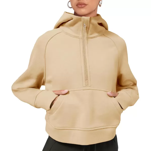 LASLULU Womens Fleece Hoodies Pullover 12 Zip Up Sweatshirts Long Sleeve Sweater Workout Jacket Fall Outfits 2024 Thumb HoleKhaki