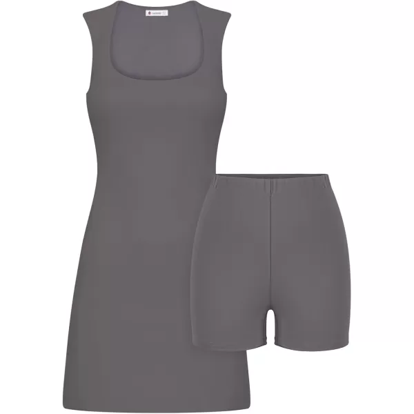 LASLULU Womens Scoop Neck Tennis Dress Sleeveless Tank Top Built in Shorts Golf Athletic Dress with PocketsDark Grey