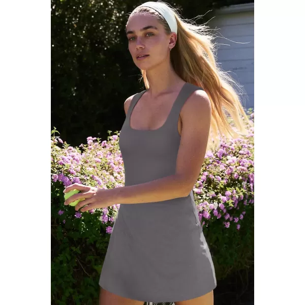 LASLULU Womens Scoop Neck Tennis Dress Sleeveless Tank Top Built in Shorts Golf Athletic Dress with PocketsDark Grey