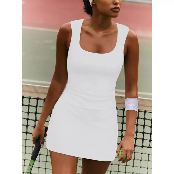 LASLULU Womens Scoop Neck Tennis Dress Sleeveless Tank Top Built in Shorts Golf Athletic Dress with PocketsWhite