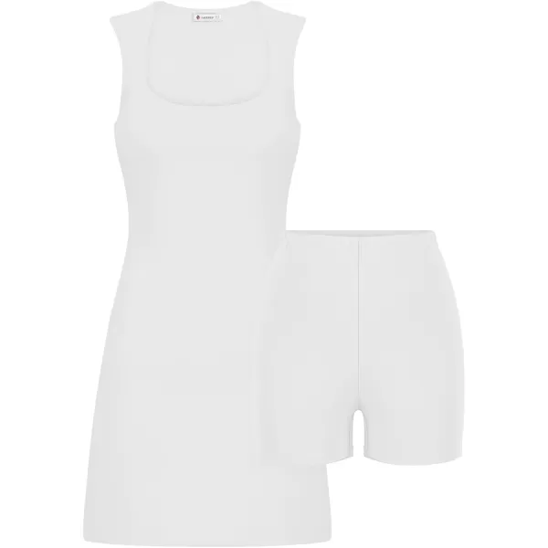 LASLULU Womens Scoop Neck Tennis Dress Sleeveless Tank Top Built in Shorts Golf Athletic Dress with PocketsWhite