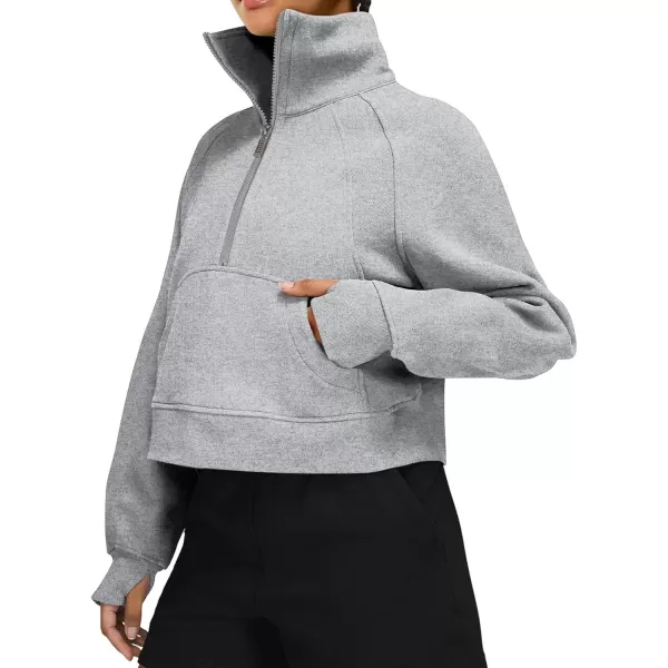 LASLULU Womens Sweatshirts Fleece Lined 12 Zipper Collar Pullover Sweatshirts Long Sleeve Crop Tops Sweater Thumb HoleLight Grey