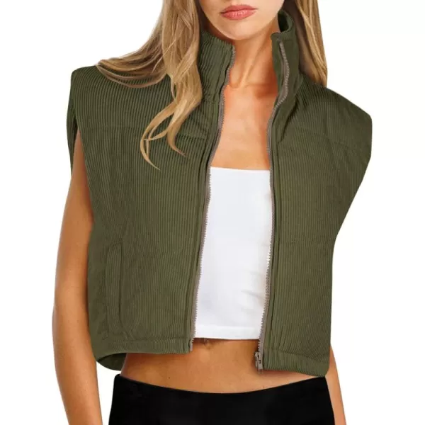 LASLULU Winter Cropped Puffer Vest Corduroy Lightweight Sleeveless Warm Outerwear Puffer Zip Up Jackets Sweater Coat PocketsArmy Green