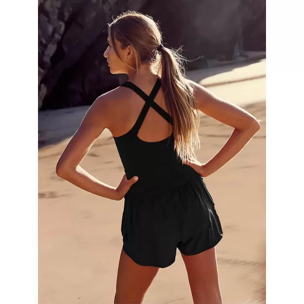 LASLULU Womens Athletic Workout Romper Square Neck Summer Running Exercise Jumpsuits One Piece Outfits Gym Yoga ClothesBlack