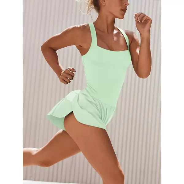 LASLULU Womens Athletic Workout Romper Square Neck Summer Running Exercise Jumpsuits One Piece Outfits Gym Yoga ClothesMint Green