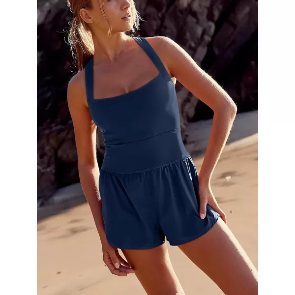 LASLULU Womens Athletic Workout Romper Square Neck Summer Running Exercise Jumpsuits One Piece Outfits Gym Yoga ClothesNavy Blue