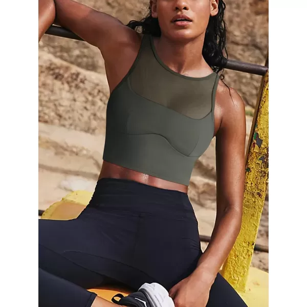 LASLULU Mesh Sports Bras for Women Sexy Wirefree Padded Workout Tank Tops Crisscross Back Yoga Bra Crop TopsArmy Green