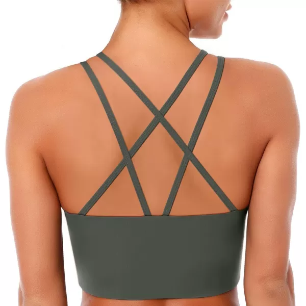 LASLULU Mesh Sports Bras for Women Sexy Wirefree Padded Workout Tank Tops Crisscross Back Yoga Bra Crop TopsArmy Green