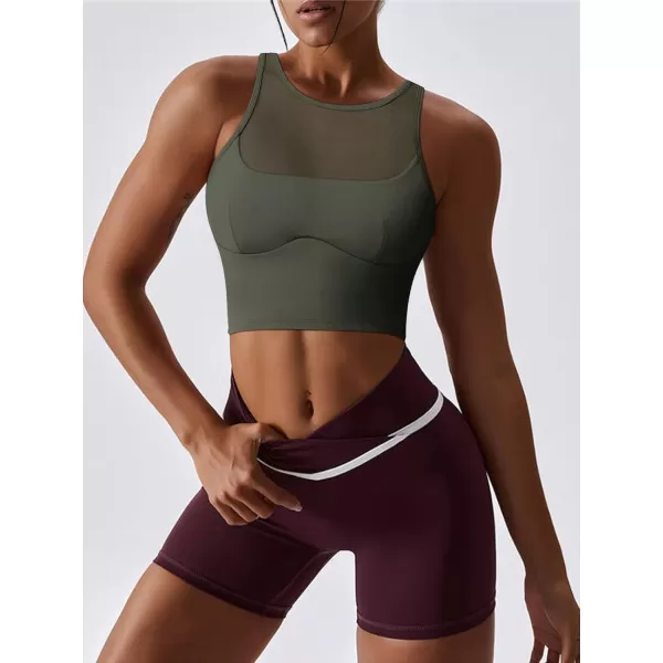 LASLULU Mesh Sports Bras for Women Sexy Wirefree Padded Workout Tank Tops Crisscross Back Yoga Bra Crop TopsArmy Green