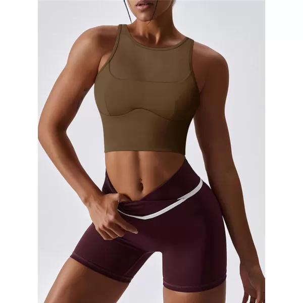 LASLULU Mesh Sports Bras for Women Sexy Wirefree Padded Workout Tank Tops Crisscross Back Yoga Bra Crop TopsBrown