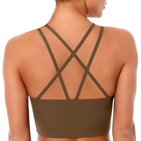 LASLULU Mesh Sports Bras for Women Sexy Wirefree Padded Workout Tank Tops Crisscross Back Yoga Bra Crop TopsBrown