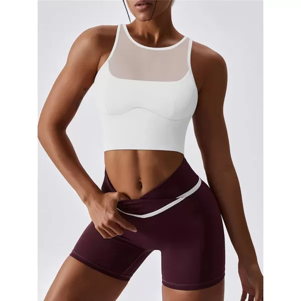 LASLULU Mesh Sports Bras for Women Sexy Wirefree Padded Workout Tank Tops Crisscross Back Yoga Bra Crop TopsWhite